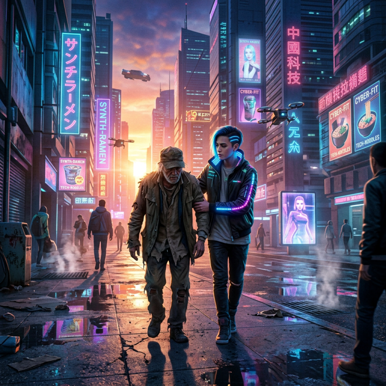 Young person assisting elderly man walking on a wet city street with neon signs and drones flying around