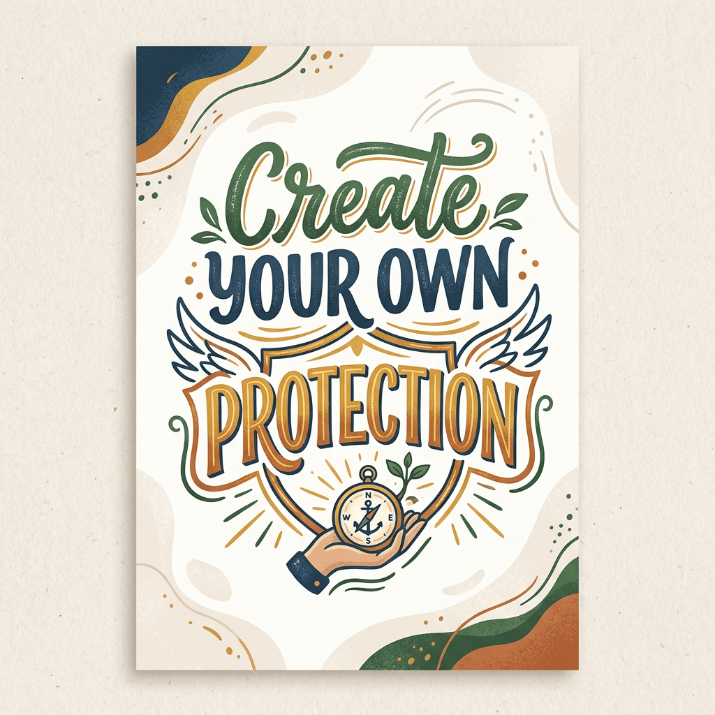 Poster with text 'Create Your Own Protection' featuring a hand holding a compass with wings