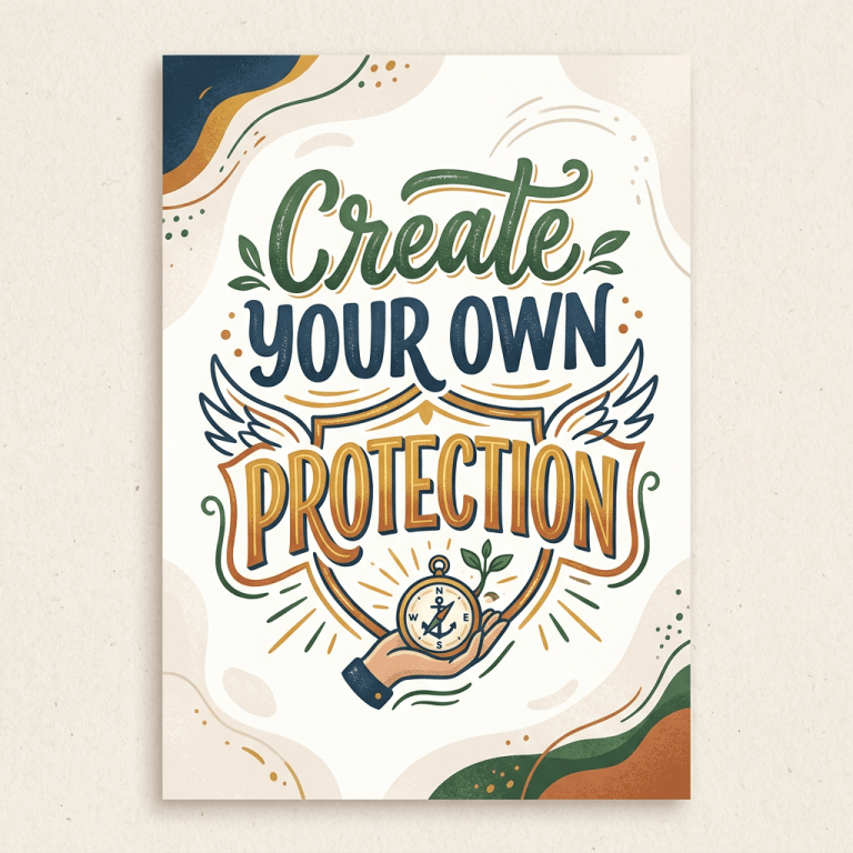 Poster with text 'Create Your Own Protection' featuring a hand holding a compass with wings