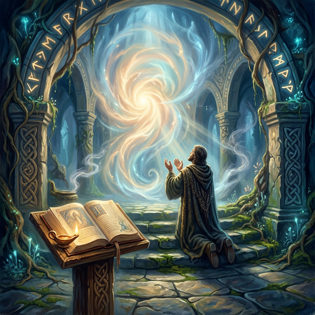 Mage kneeling before a glowing swirling magical portal inside a stone archway covered with runes