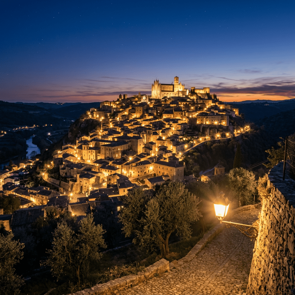 Hilltop town illuminated with streetlights and historic buildings at dusk