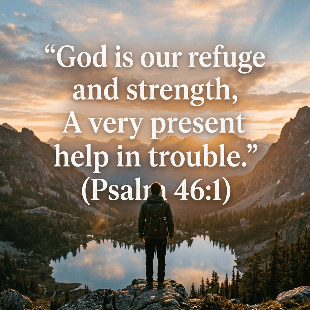 Person standing on a rock overlooking a mountain lake with Psalm 46:1 text