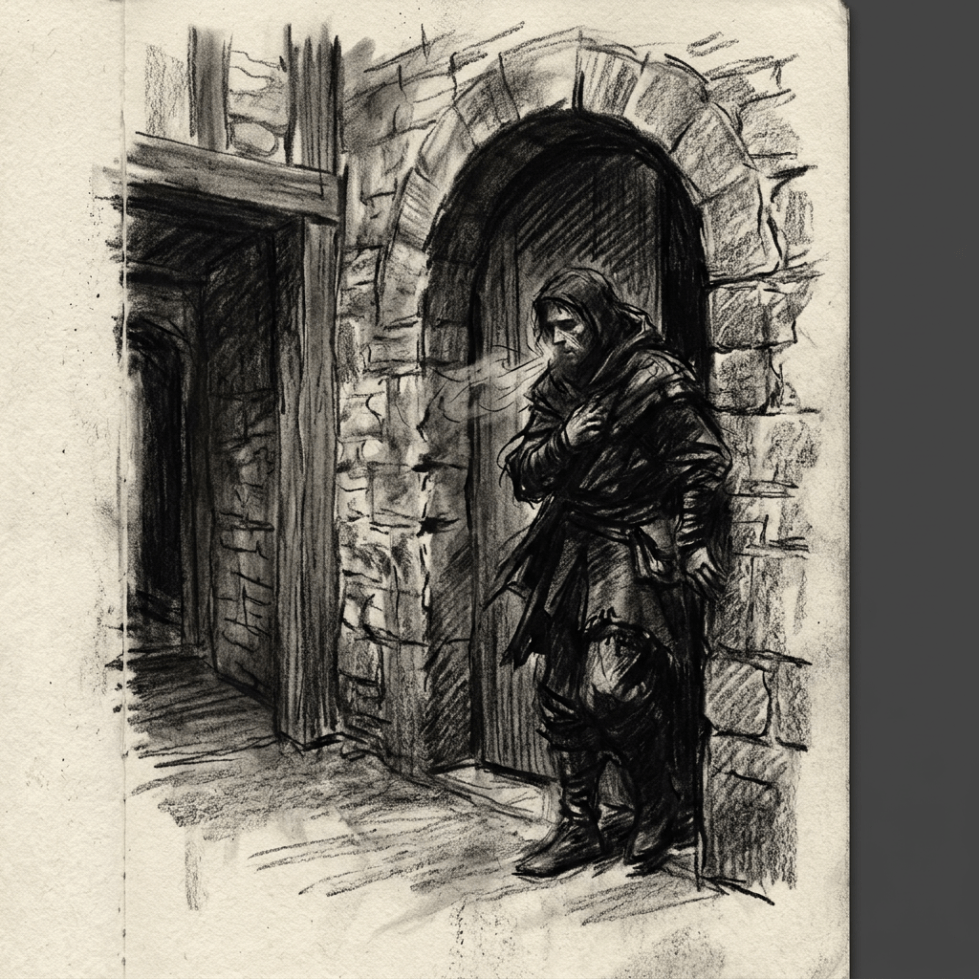 Cloaked man in medieval clothing shivering at stone doorway