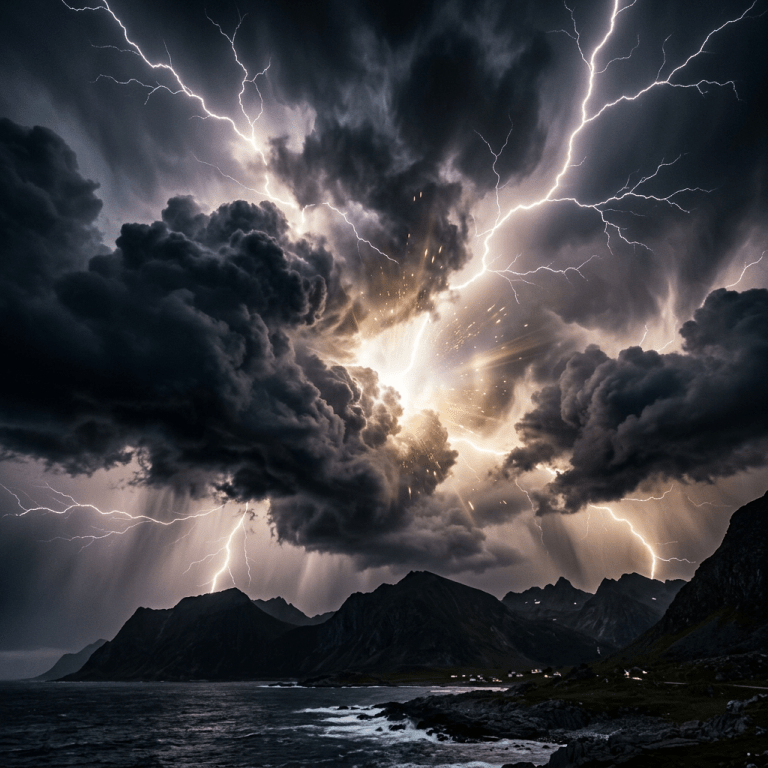Lightning strikes during a thunderstorm above coastal mountains at night