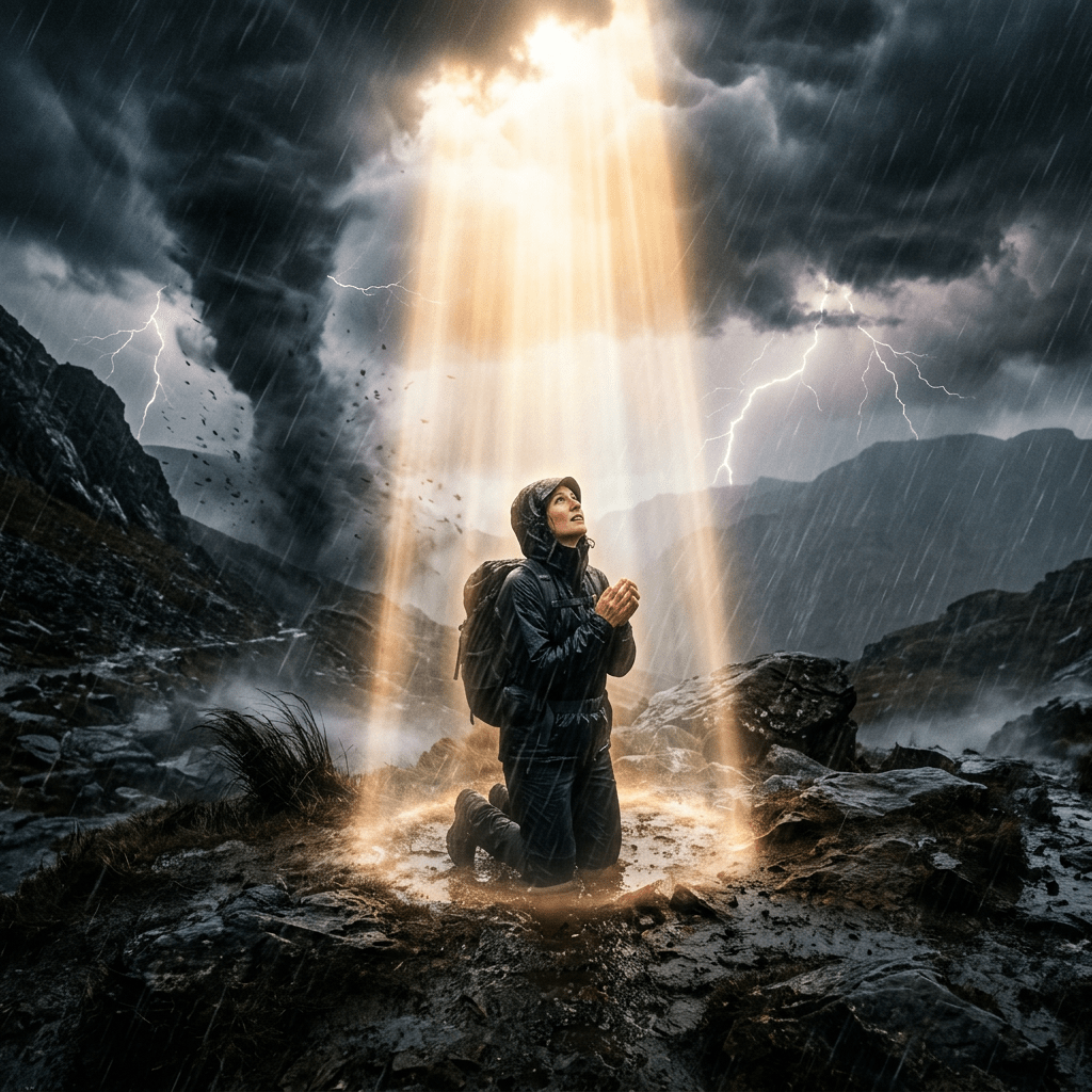 Person kneeling on rocky terrain in rain, praying as a bright light shines down
