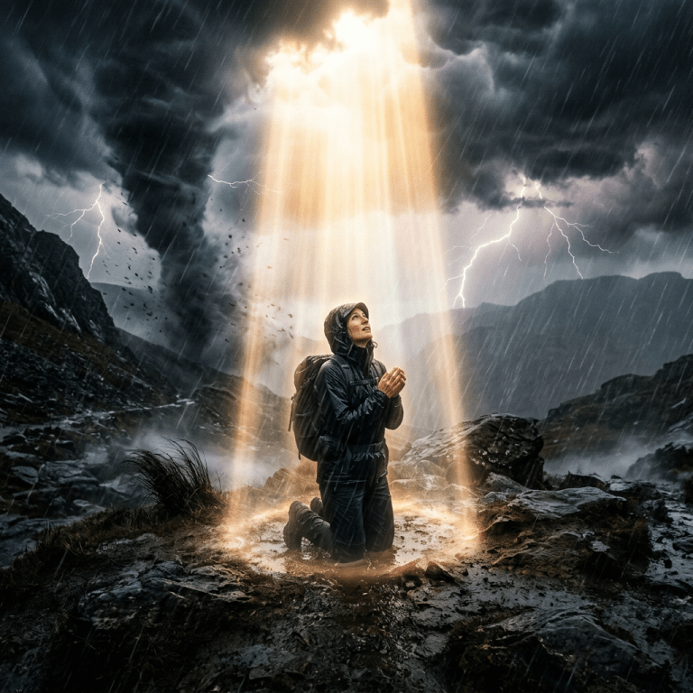 Person kneeling on rocky terrain in rain, praying as a bright light shines down