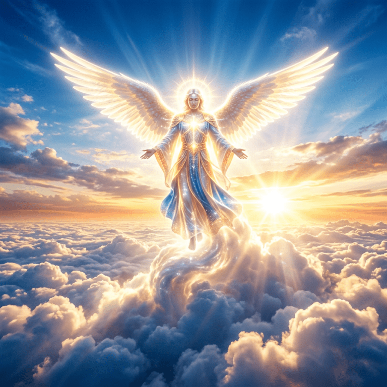 Angel with glowing wings descending through bright clouds at sunrise