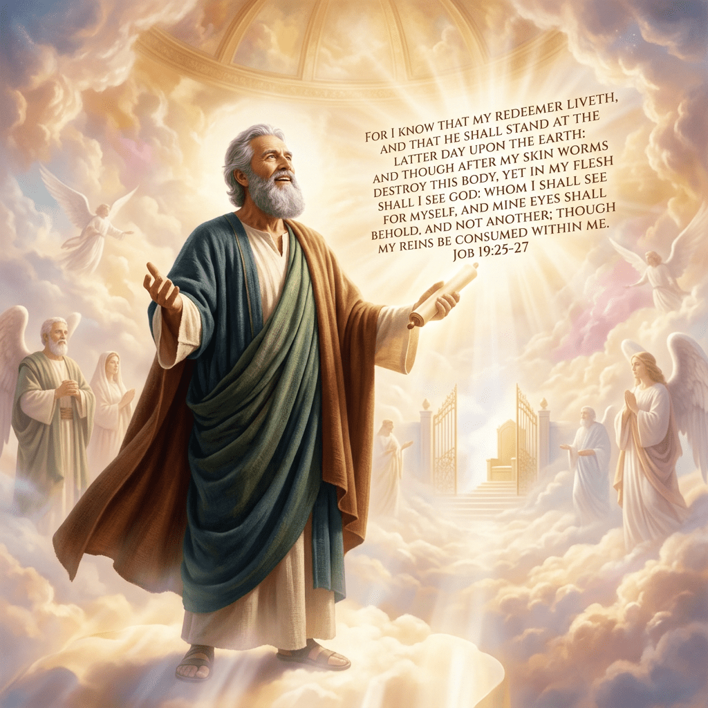 Man in robes standing on clouds with angels and bright light, holding a scroll with Job 19:25-27 text