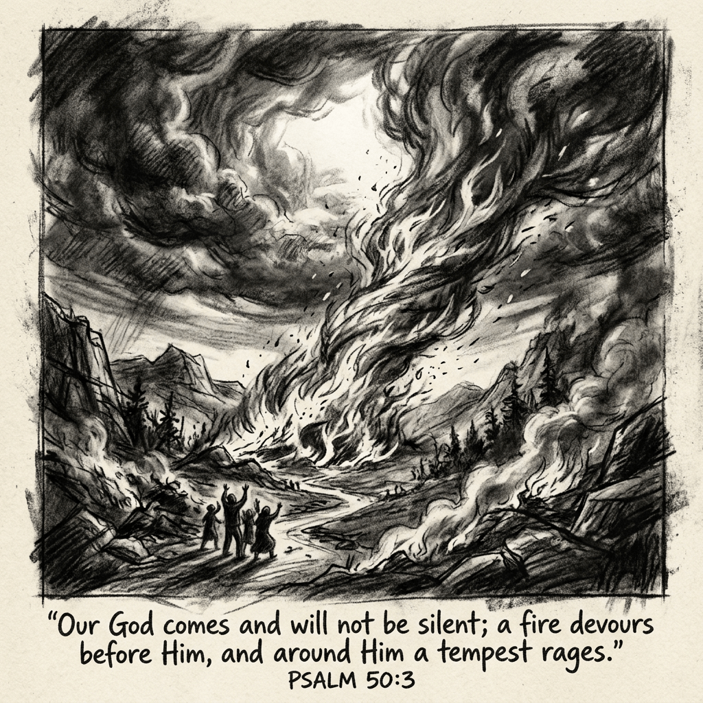 People looking at a large fire and swirling tempest in a mountainous landscape with Psalm 50:3 text