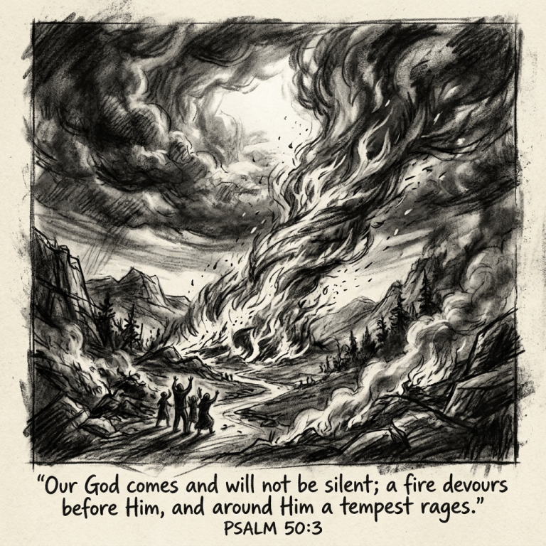 People looking at a large fire and swirling tempest in a mountainous landscape with Psalm 50:3 text
