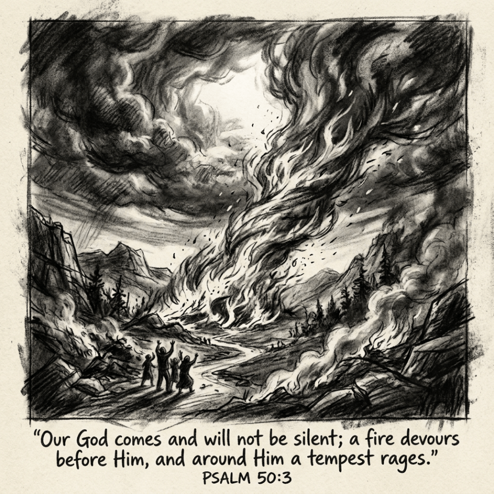 People looking at a large fire and swirling tempest in a mountainous landscape with Psalm 50:3 text