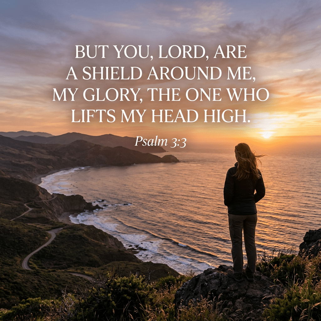 Person standing on a cliff facing the ocean at sunset with Psalm 3:3 text