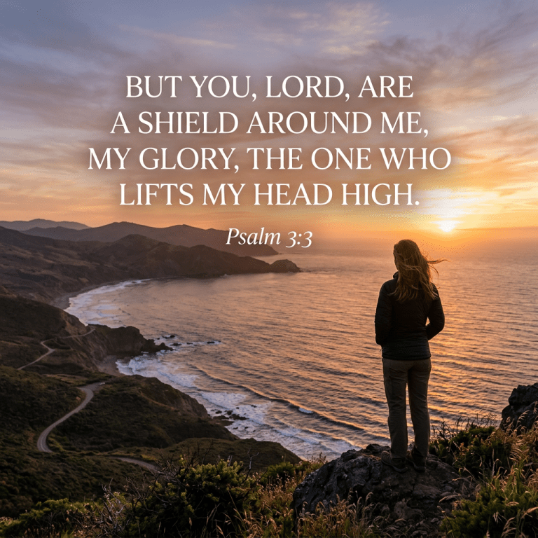 Person standing on a cliff facing the ocean at sunset with Psalm 3:3 text