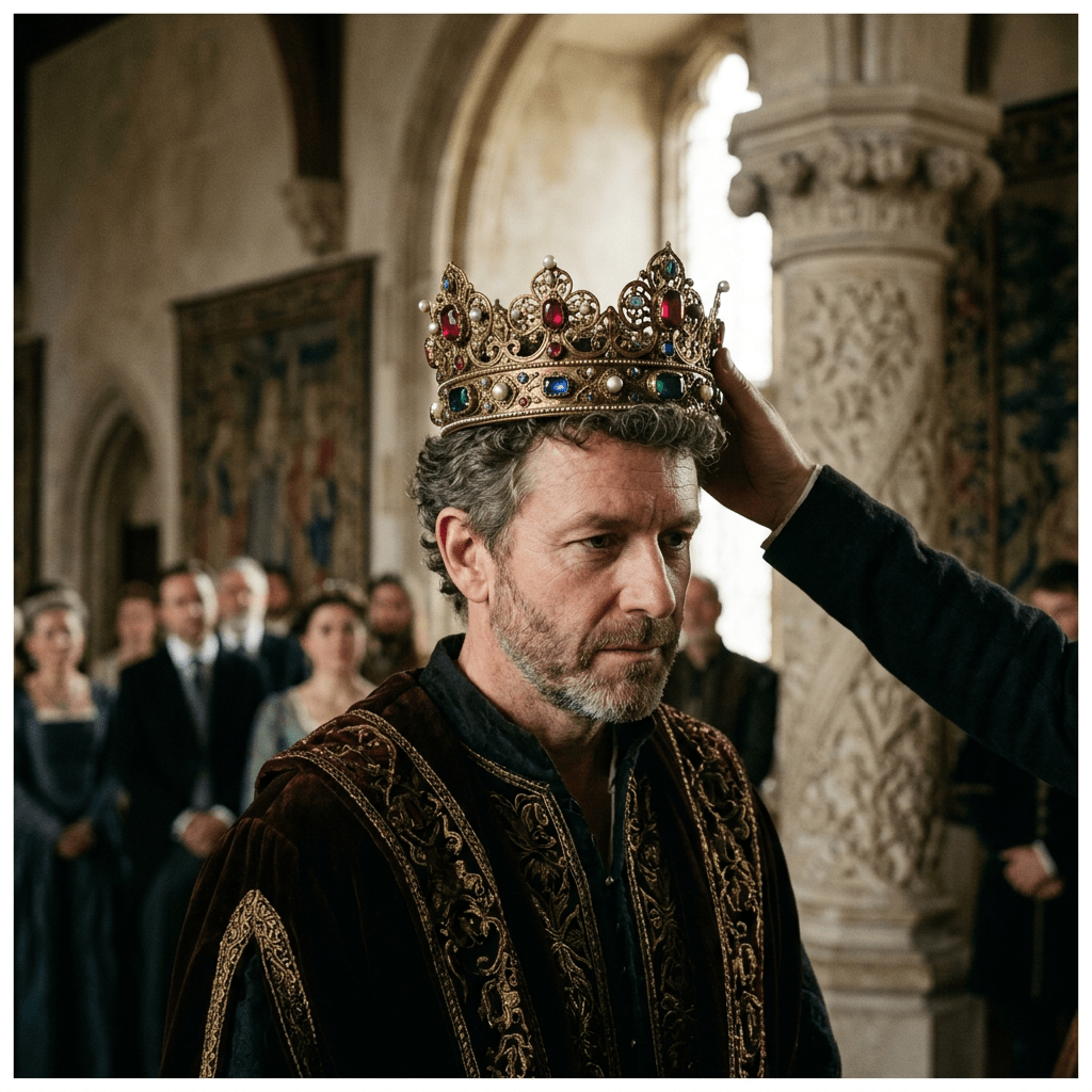 A man wearing a richly embroidered robe is crowned with a jeweled crown in a castle hall with onlookers.