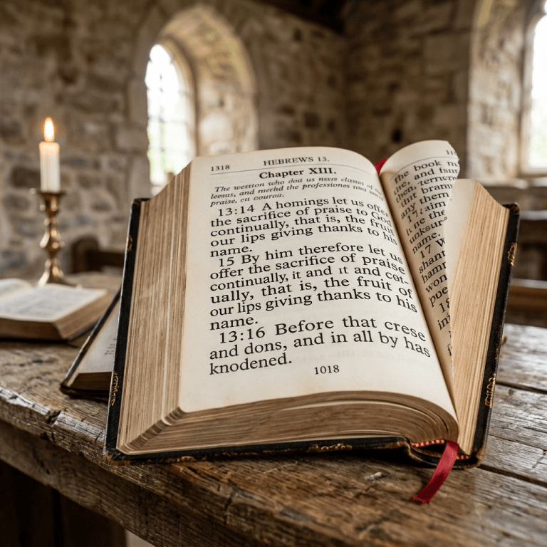 Open Bible showing Hebrews chapter 13 on a wooden table with a lit candle and stone wall background