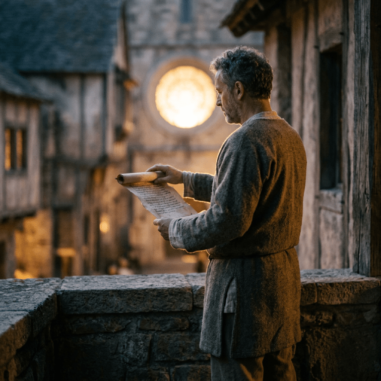 Man in medieval attire reading a scroll outside stone buildings with circular window
