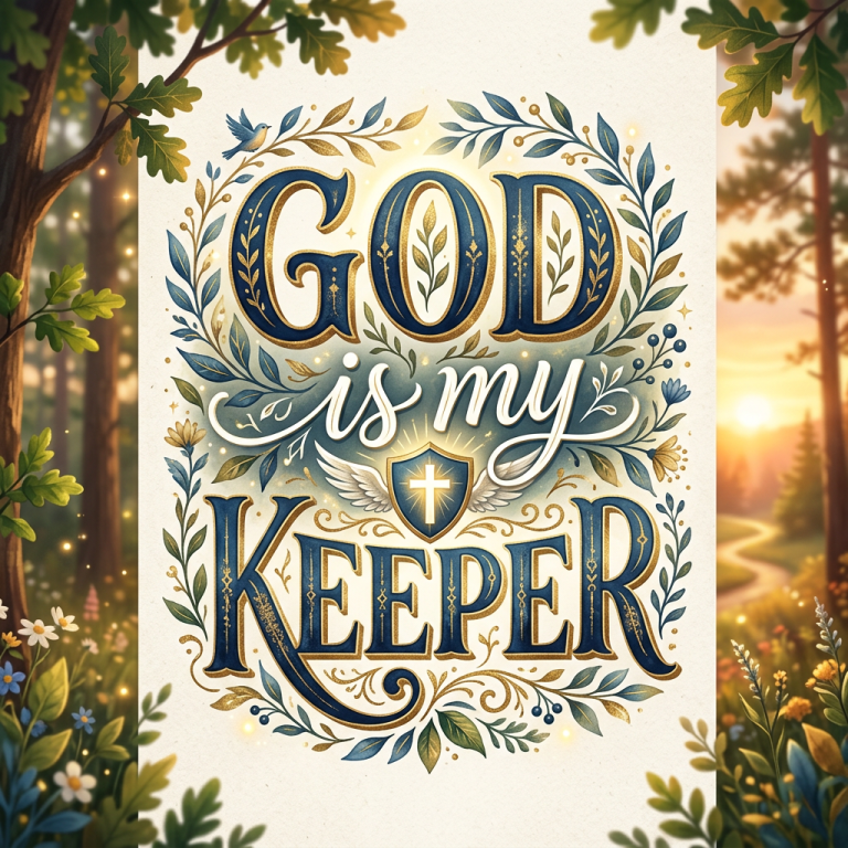 'God is my Keeper' decorative lettering with leaves, birds, and a shield with a cross