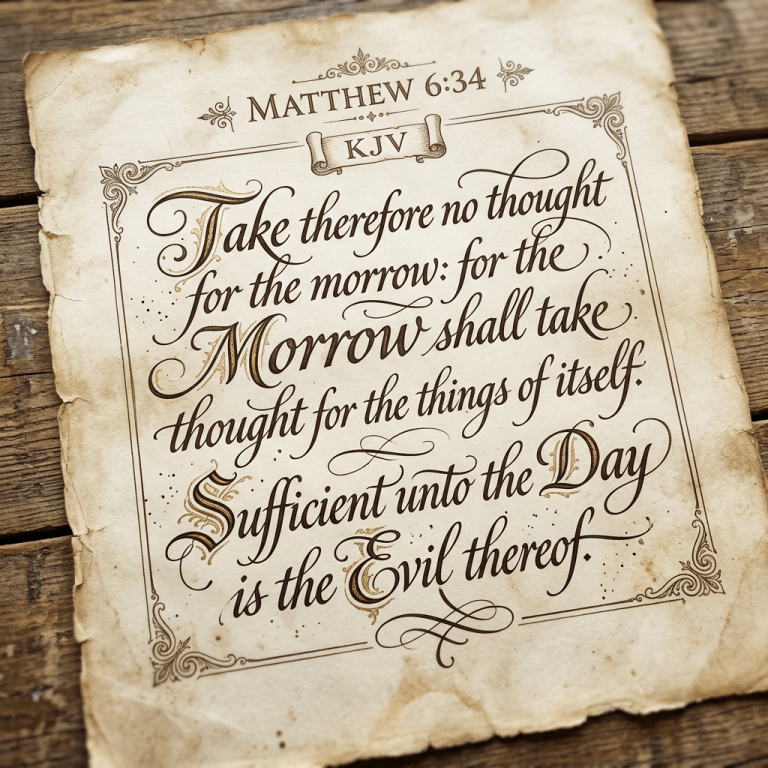 Matthew 6:34 Bible verse in decorative calligraphy on old paper