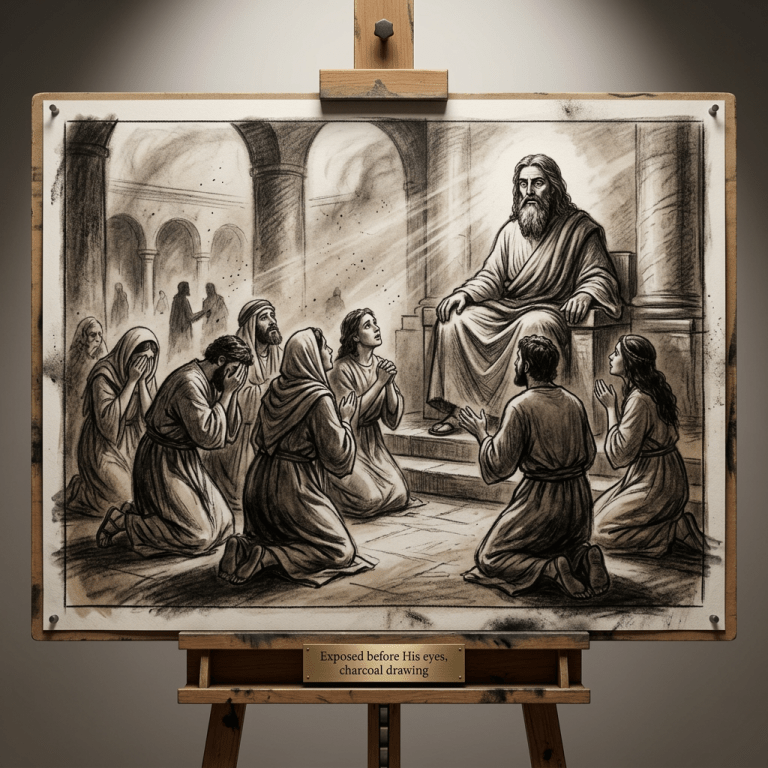 Charcoal drawing of people kneeling and praying before Jesus seated on a throne inside an arched building.