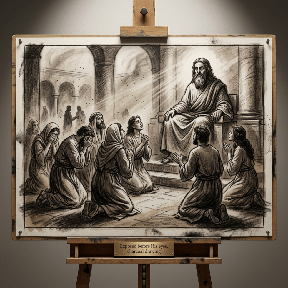 Charcoal drawing of people kneeling and praying before Jesus seated on a throne inside an arched building.