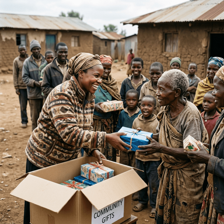 Woman giving wrapped gifts to smiling villagers from a box labeled community gifts