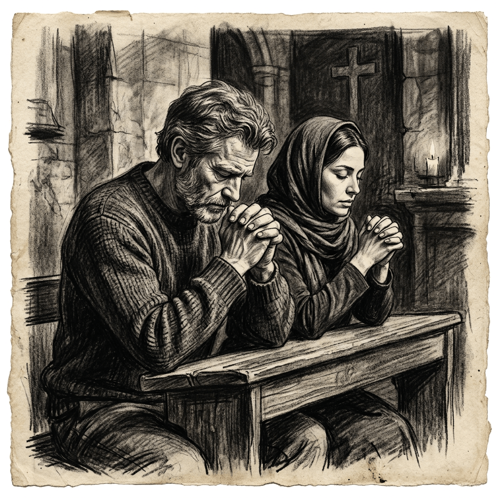 An older man and a younger woman praying at a wooden pew in a church with a lit candle and cross in the background.
