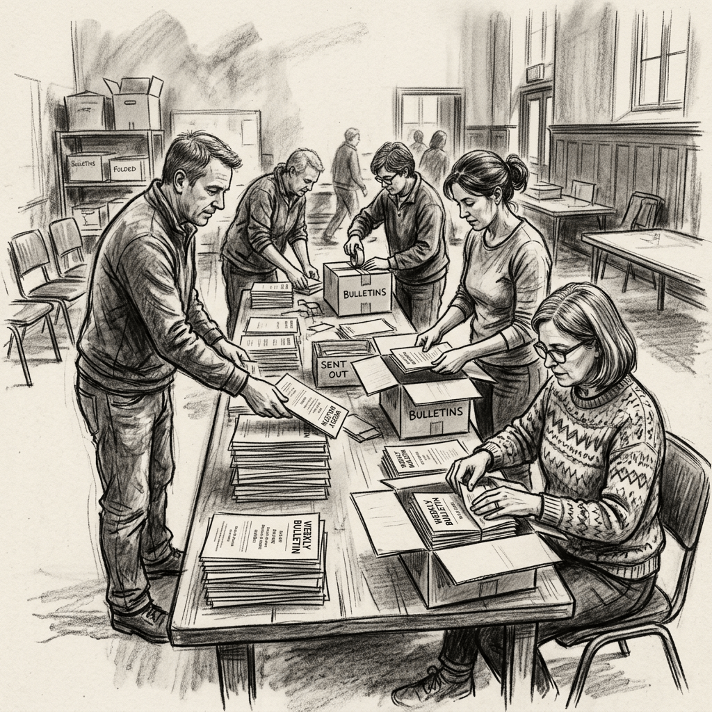 Volunteers assembling and packing weekly bulletins at a table