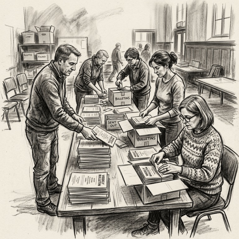 Volunteers assembling and packing weekly bulletins at a table
