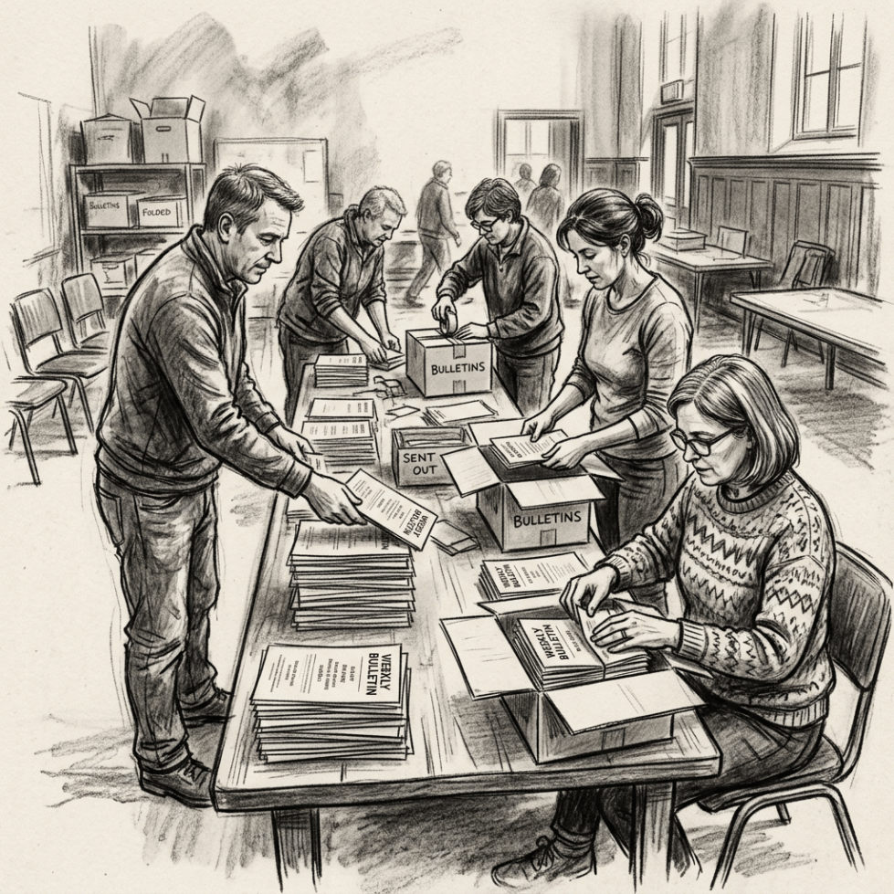 Volunteers assembling and packing weekly bulletins at a table