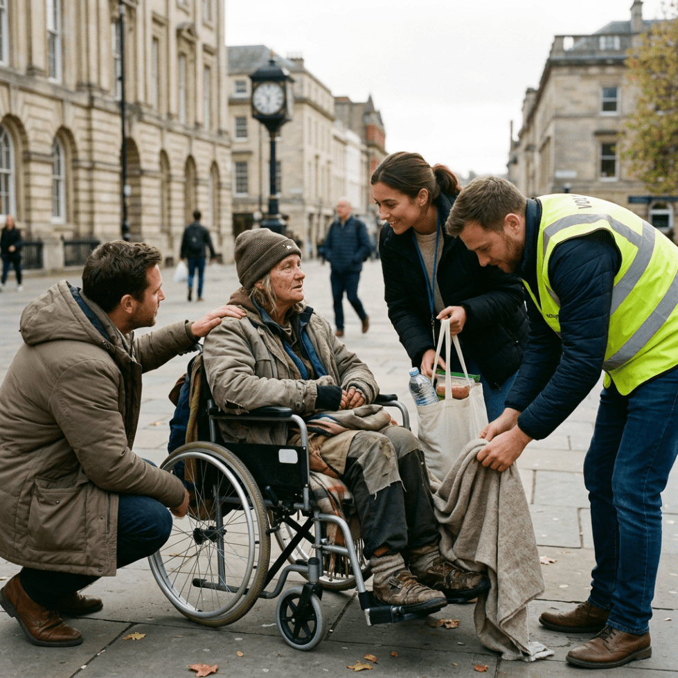 Volunteers giving food, water, and a blanket to a homeless woman in a wheelchair