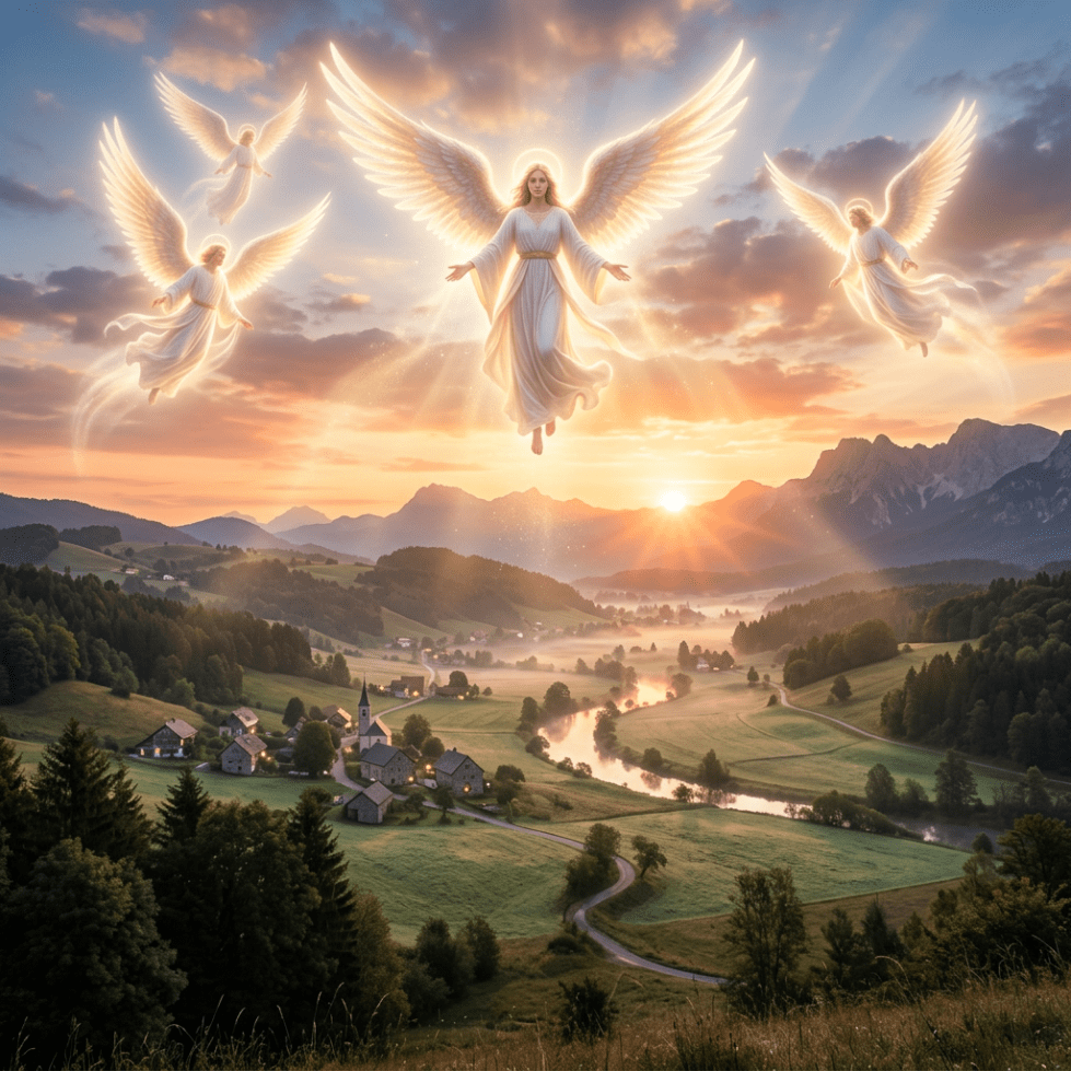 Four luminous angels with outstretched wings hovering above a green valley with houses and a river at sunrise