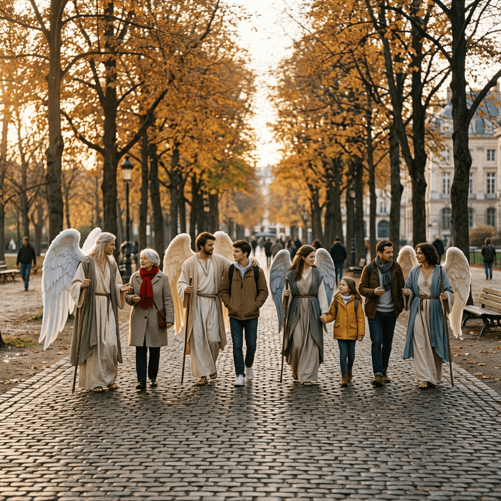 Group of people walking with angels dressed in robes and white wings in a tree-lined park during autumn
