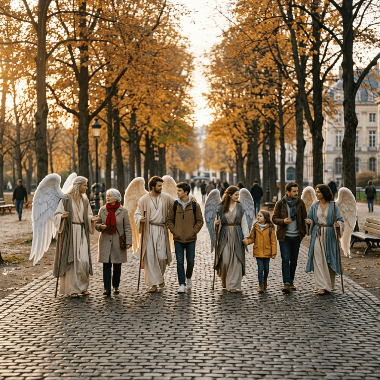 Group of people walking with angels dressed in robes and white wings in a tree-lined park during autumn
