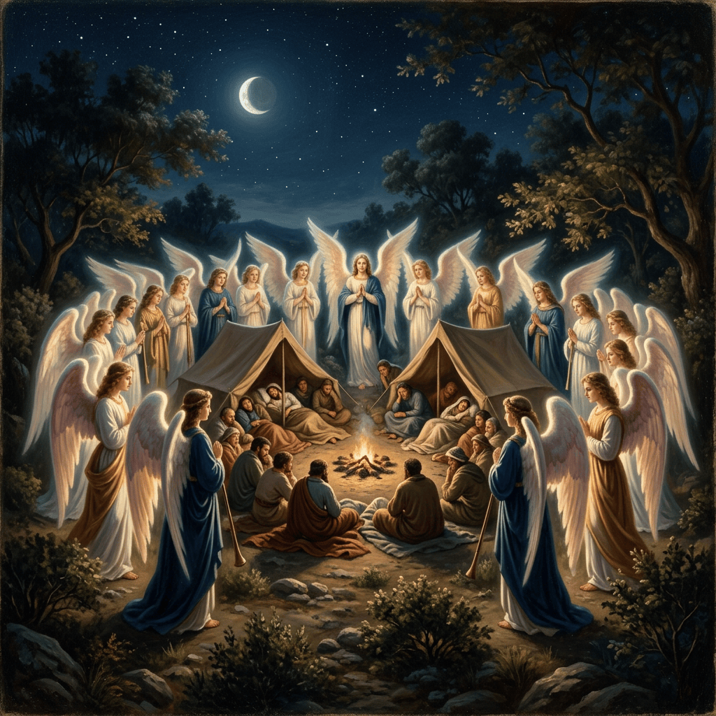 Group of angels with glowing wings encircling sleeping people near tents and campfire under a crescent moon