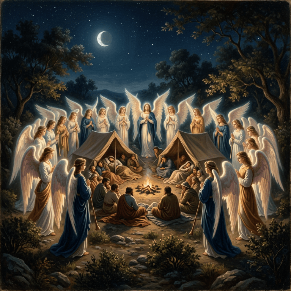 Group of angels with glowing wings encircling sleeping people near tents and campfire under a crescent moon