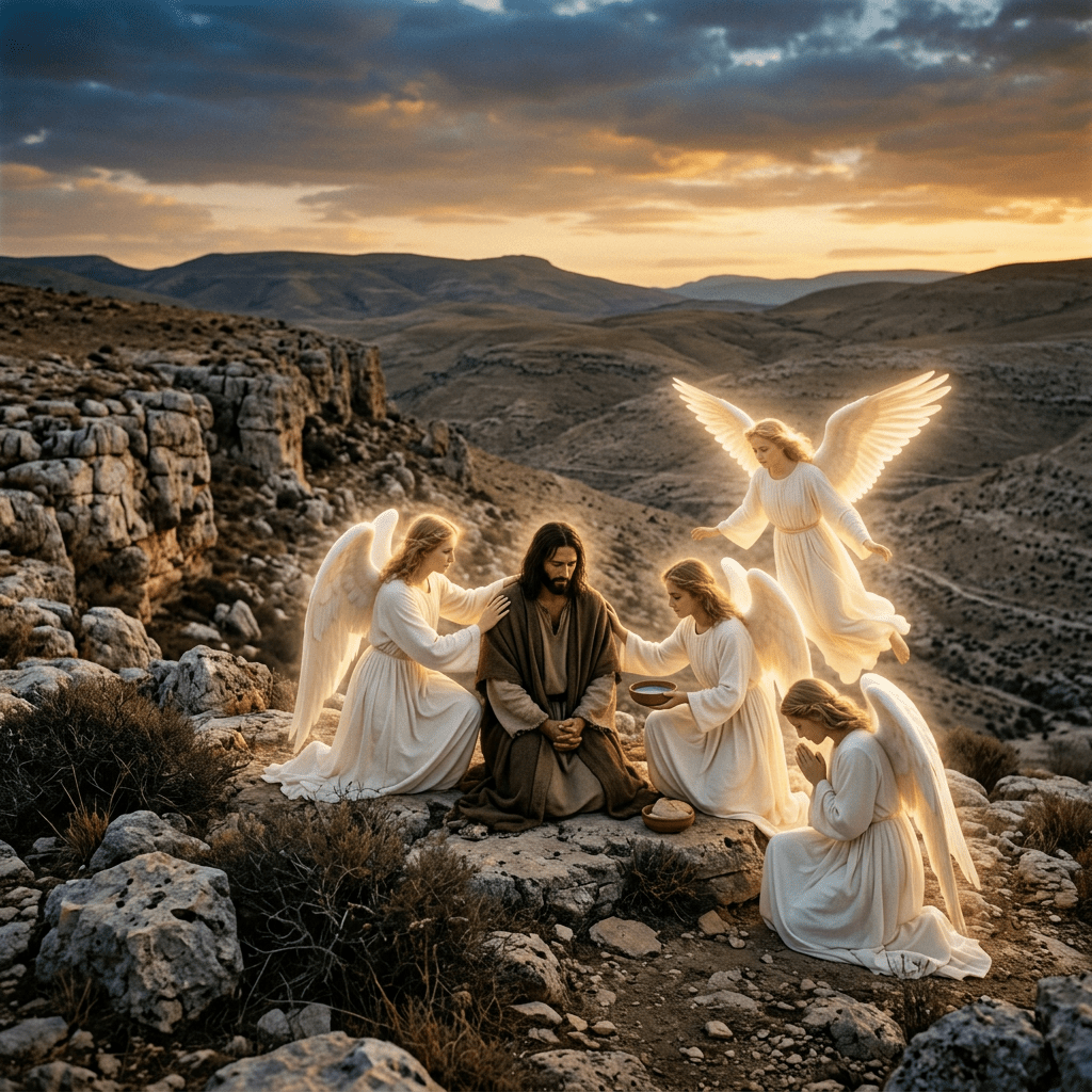 Central robed figure surrounded by four angels with glowing wings in a rocky, mountainous landscape at sunset.