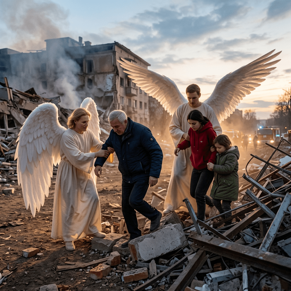 Angels guide a family through rubble beside damaged buildings