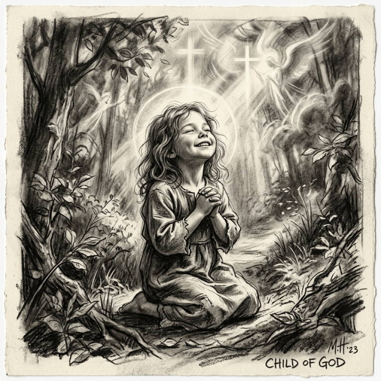 Child kneeling in prayer beneath crosses and angelic figures in a forest