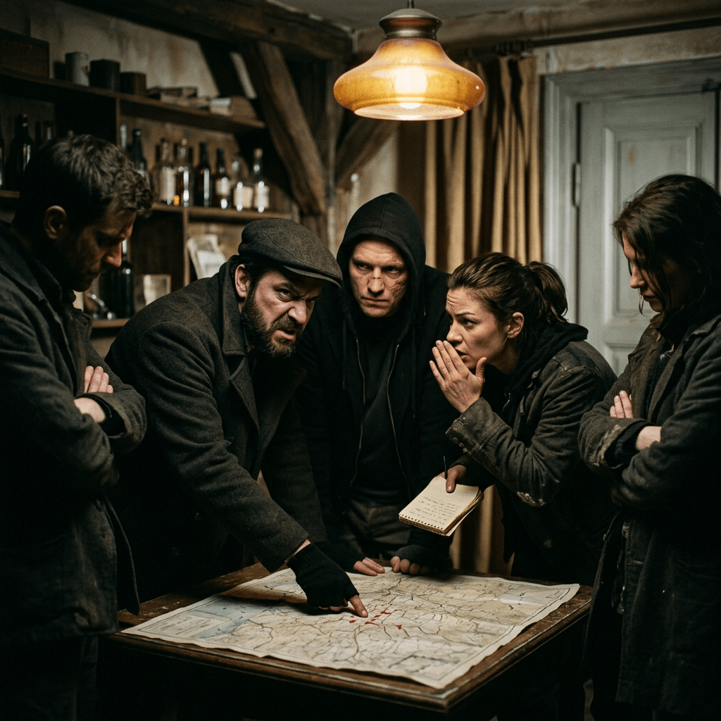 Five people study a marked map around a table in a dim room