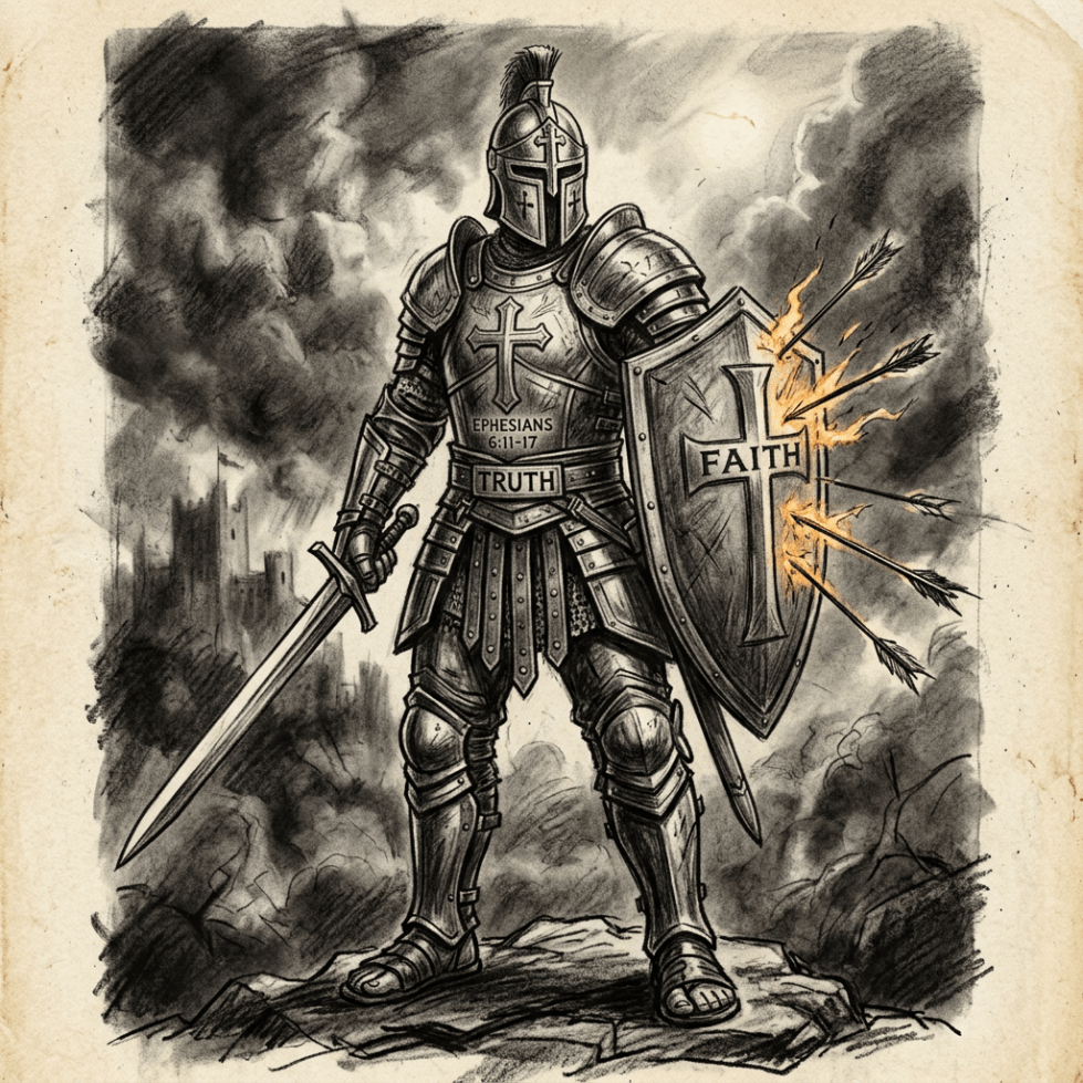 Armored knight labeled EPHESIANS 6:11-17 and TRUTH, holding FAITH shield